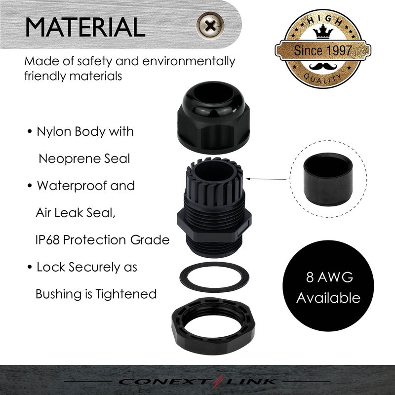 Conext Link Conextlink 5pcs Waterproof IP68 Nylon Firewall Bushing Grommet Cable Gland Joint Adjustable Locknut Protectors for Power Cable (8 Gauge, Black) ï¼ˆ19011ï¼‰ - Image 2
